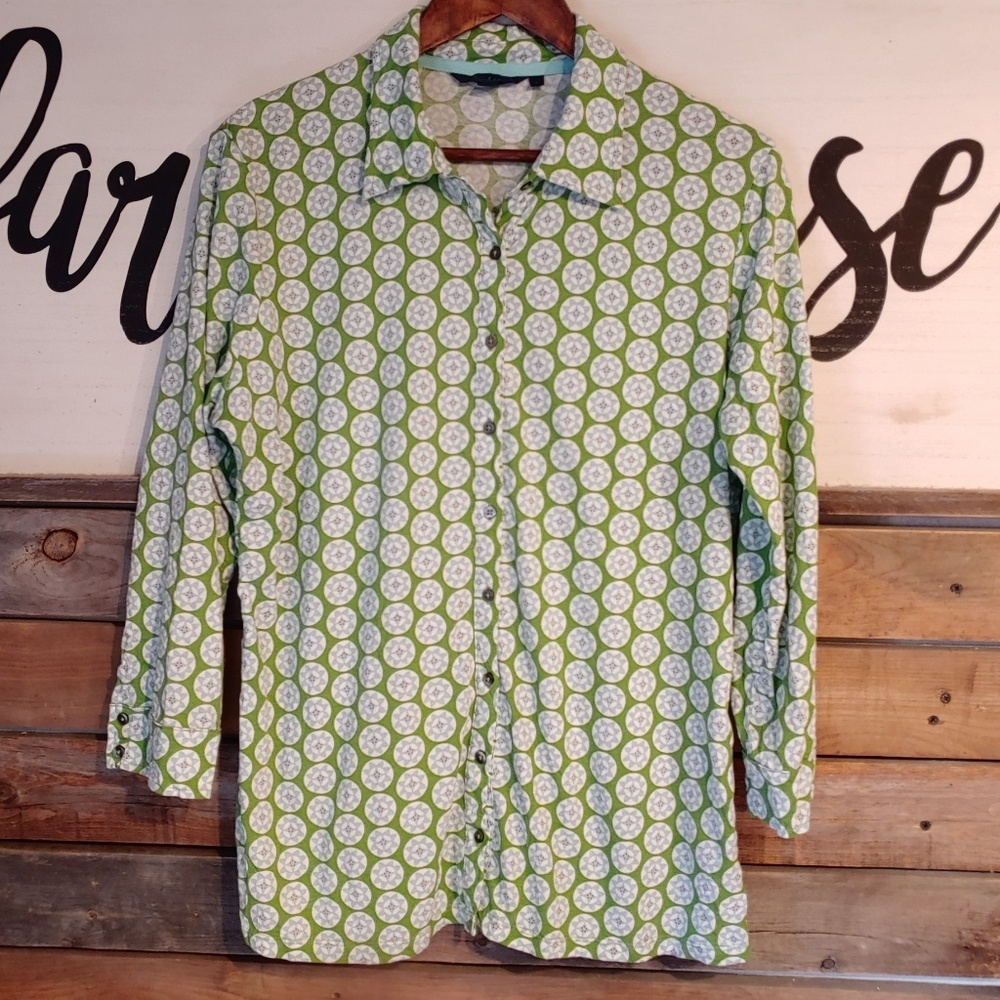 Boden 3/4 Sleeved Gren Blue Circles Blouse L